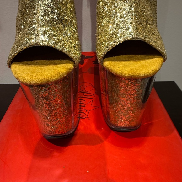 Pleaser Flamingo 1018G Gold Glitter Open Toe Lace Up back Size 7 - Picture 5 of 10
